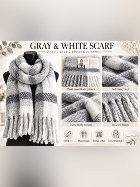 I AM OVERSIZED PLAID SCARF – GRAY/WHITE (NEW WITH TAGS) A38